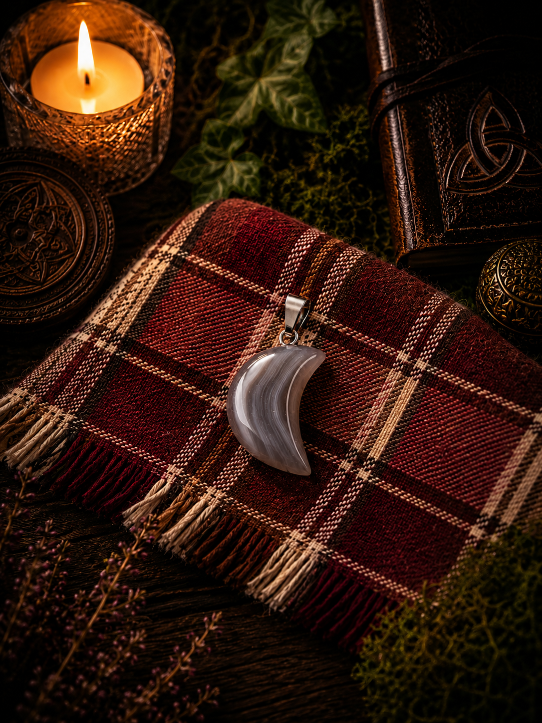 Pendentif Agate Grise - Lune - Ancrage et Sérénité