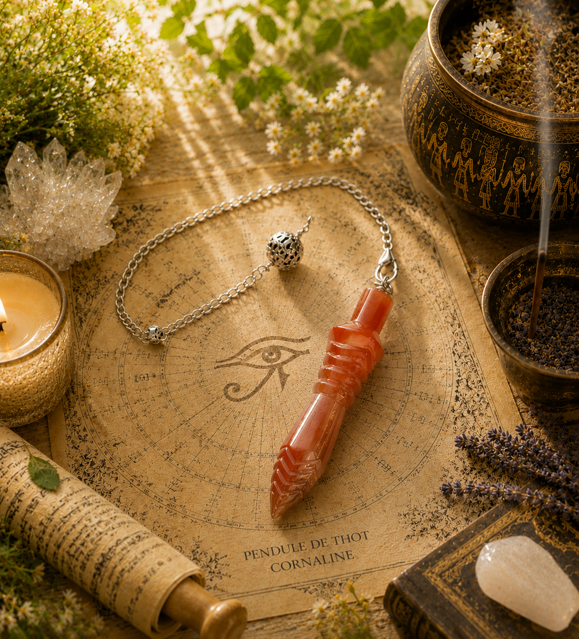 Pendule de Thot en Cornaline – Radiesthésie, Vitalité et Guidance Intuitive