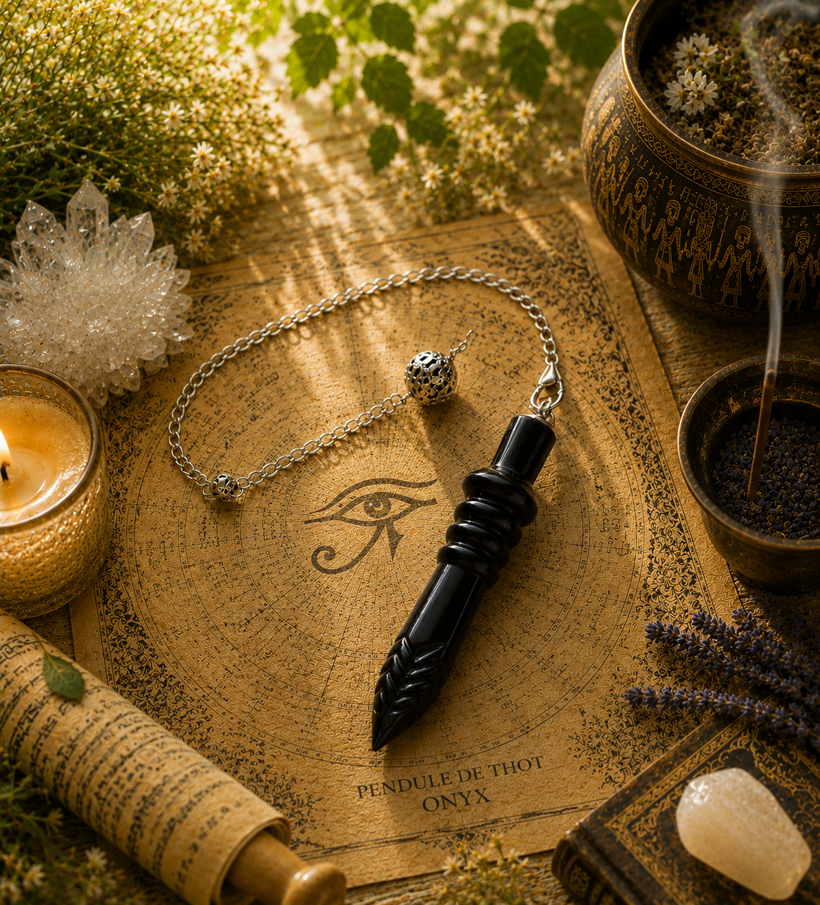 Pendule de Thot en Onyx – Radiesthésie, Protection et Guidance Intuitive