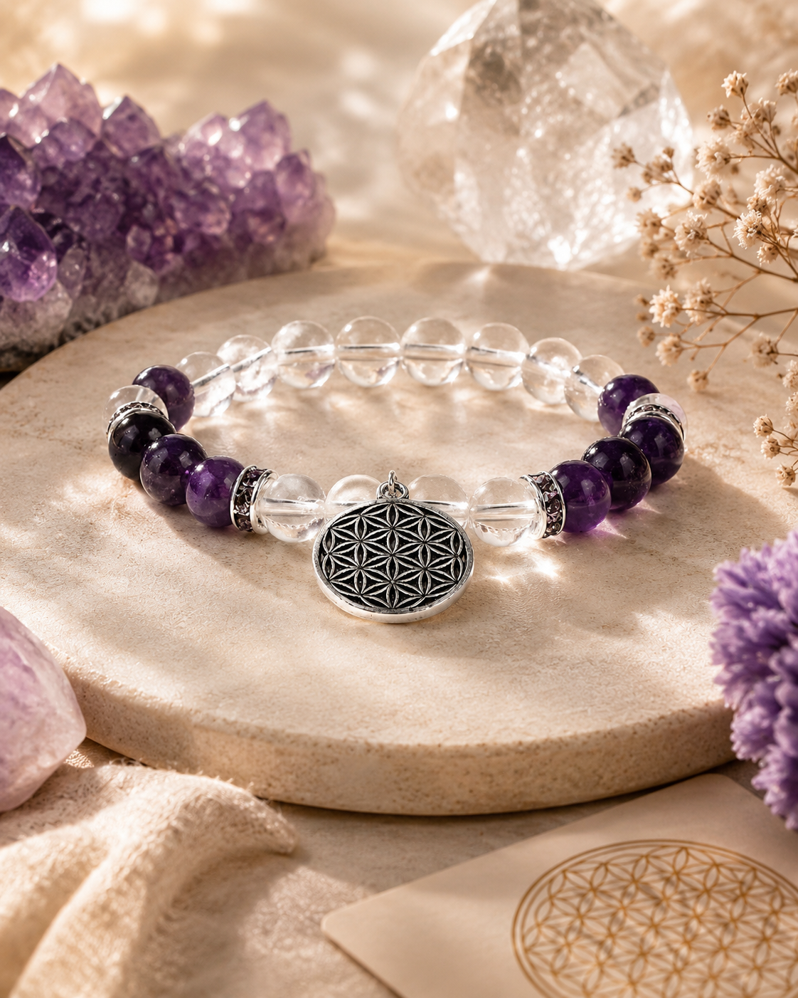 Bracelet Améthyste Cristal de Roche Fleur de Vie – Harmonie et Sérénité