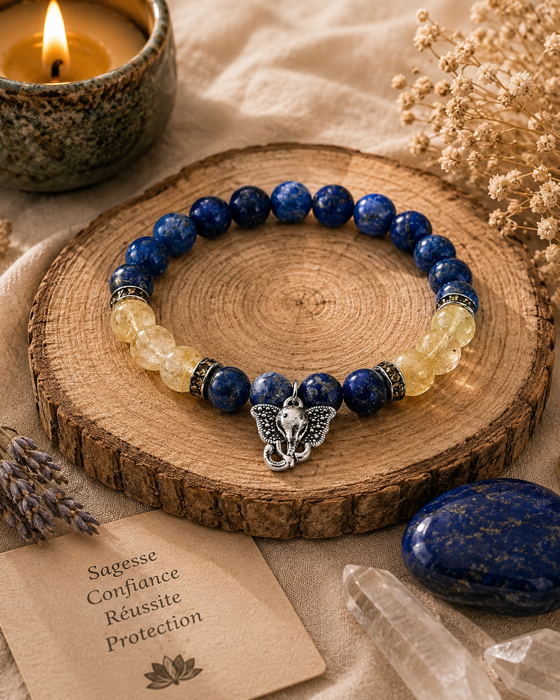 Bracelet Lapis Lazuli Quartz Rutile Ganesh – Sagesse et Réussite