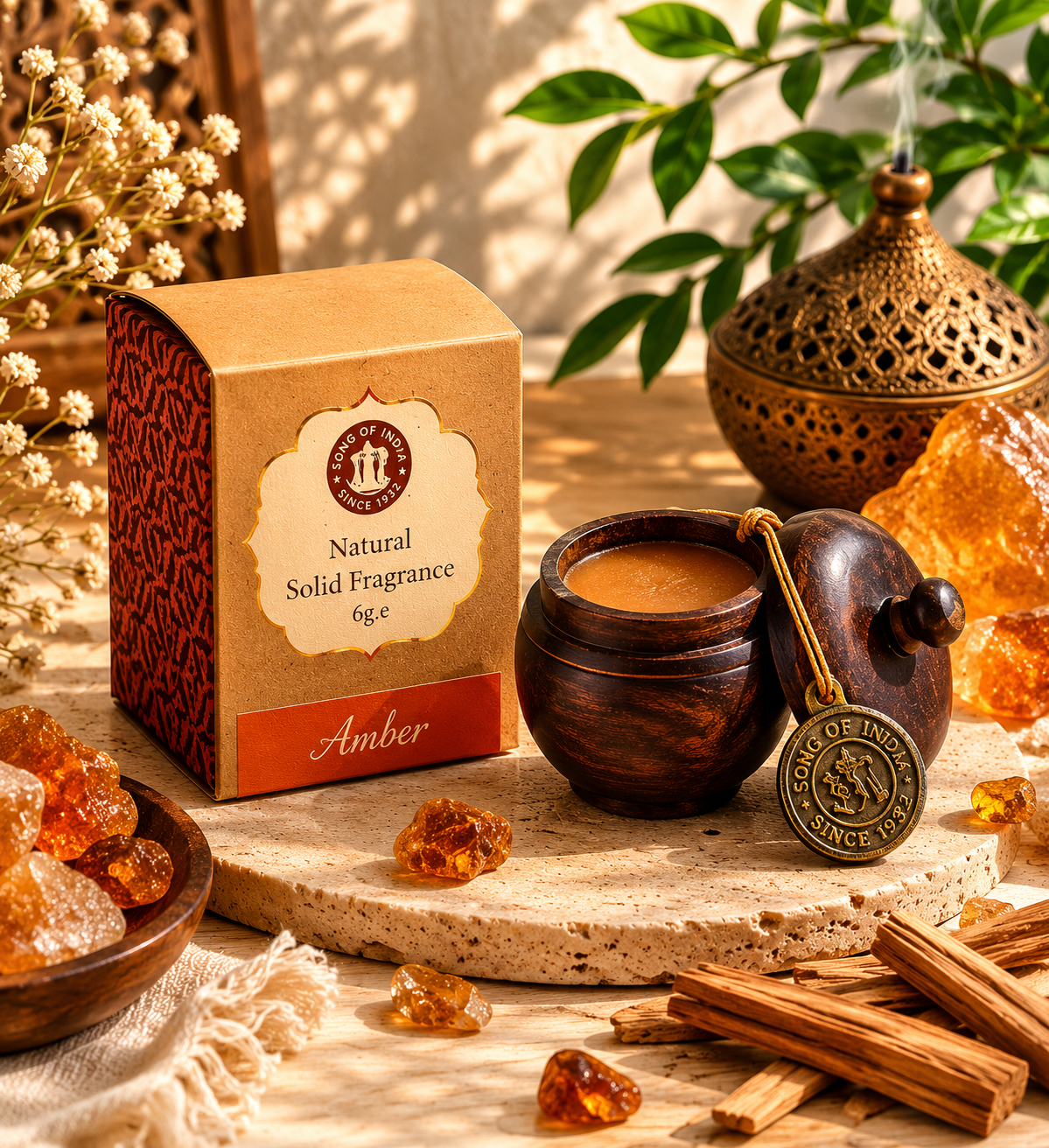 Parfum Solide Ambre en Pot de Palissandre – Diffuseur Naturel de sérénité