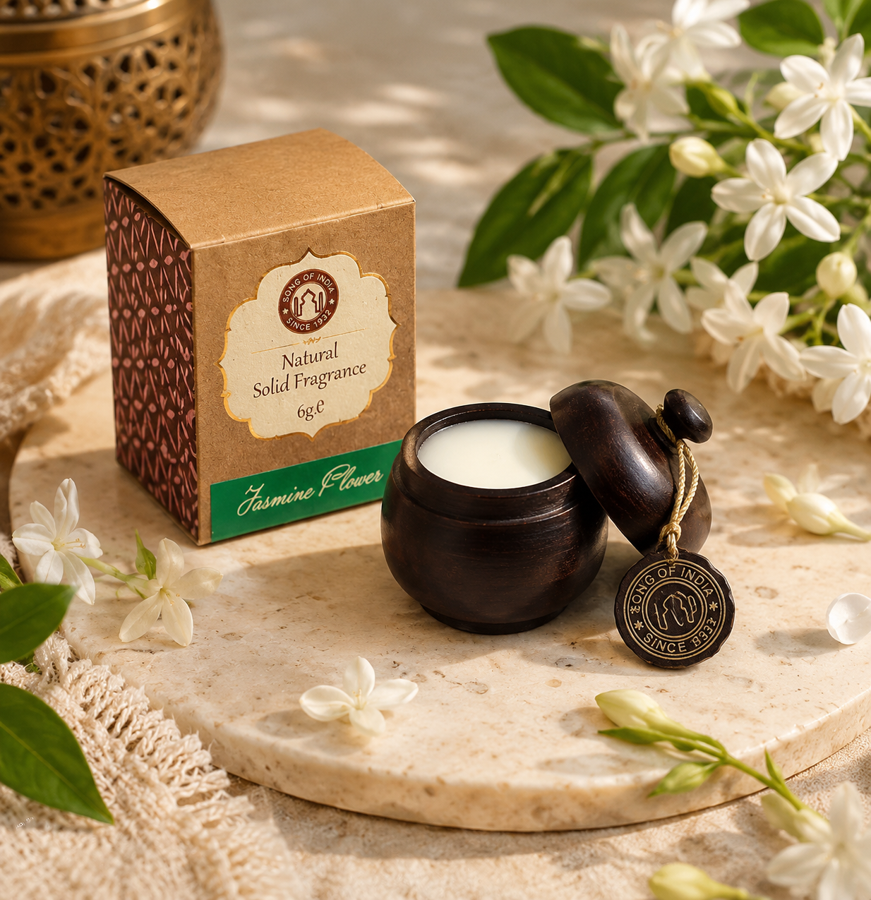 Parfum Solide Jasmin en Pot de Palissandre – Diffuseur Naturel apaisant