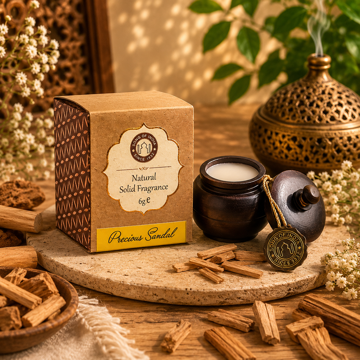 Parfum Solide Bois de Santal en Pot de Palissandre – Diffuseur Naturel de Sérénité et de Sensualité