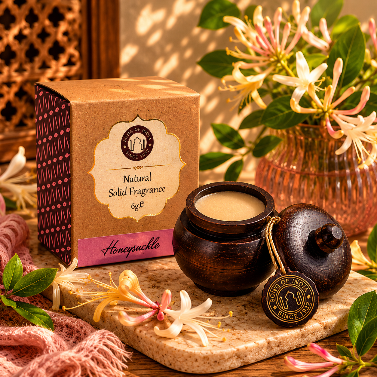 Parfum Solide Chèvrefeuille en Pot de Palissandre – Diffuseur Naturel de Douceur et de Bien-être