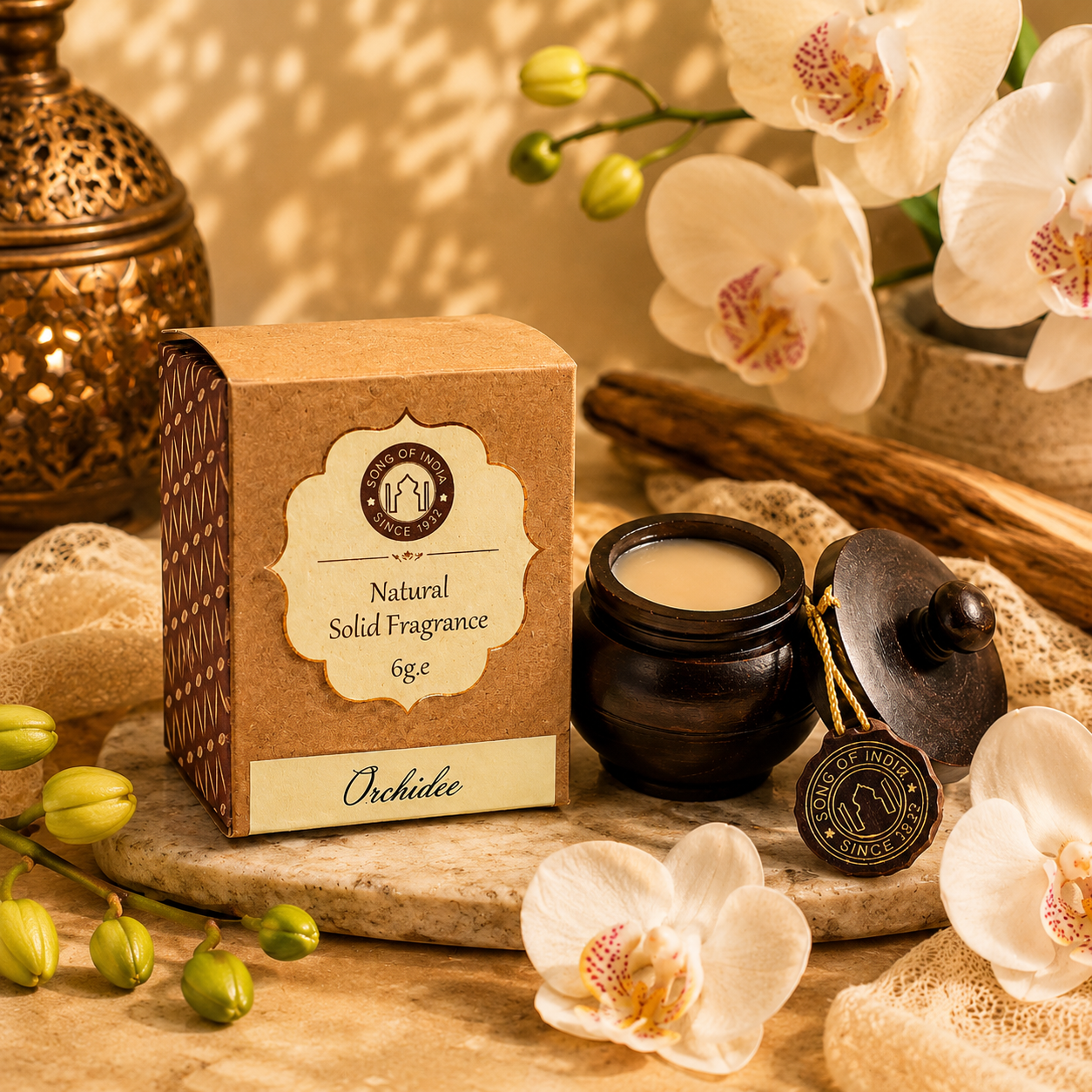 Parfum Solide Orchidée en Pot de Palissandre – Diffuseur Naturel de Sérénité et d\'Élégance