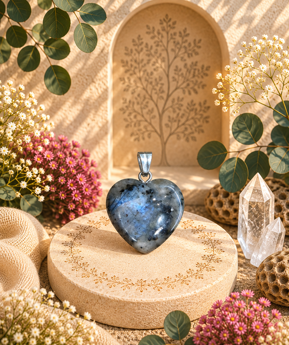 Pendentif Larvikite - Coeur - Ancrage et Protection
