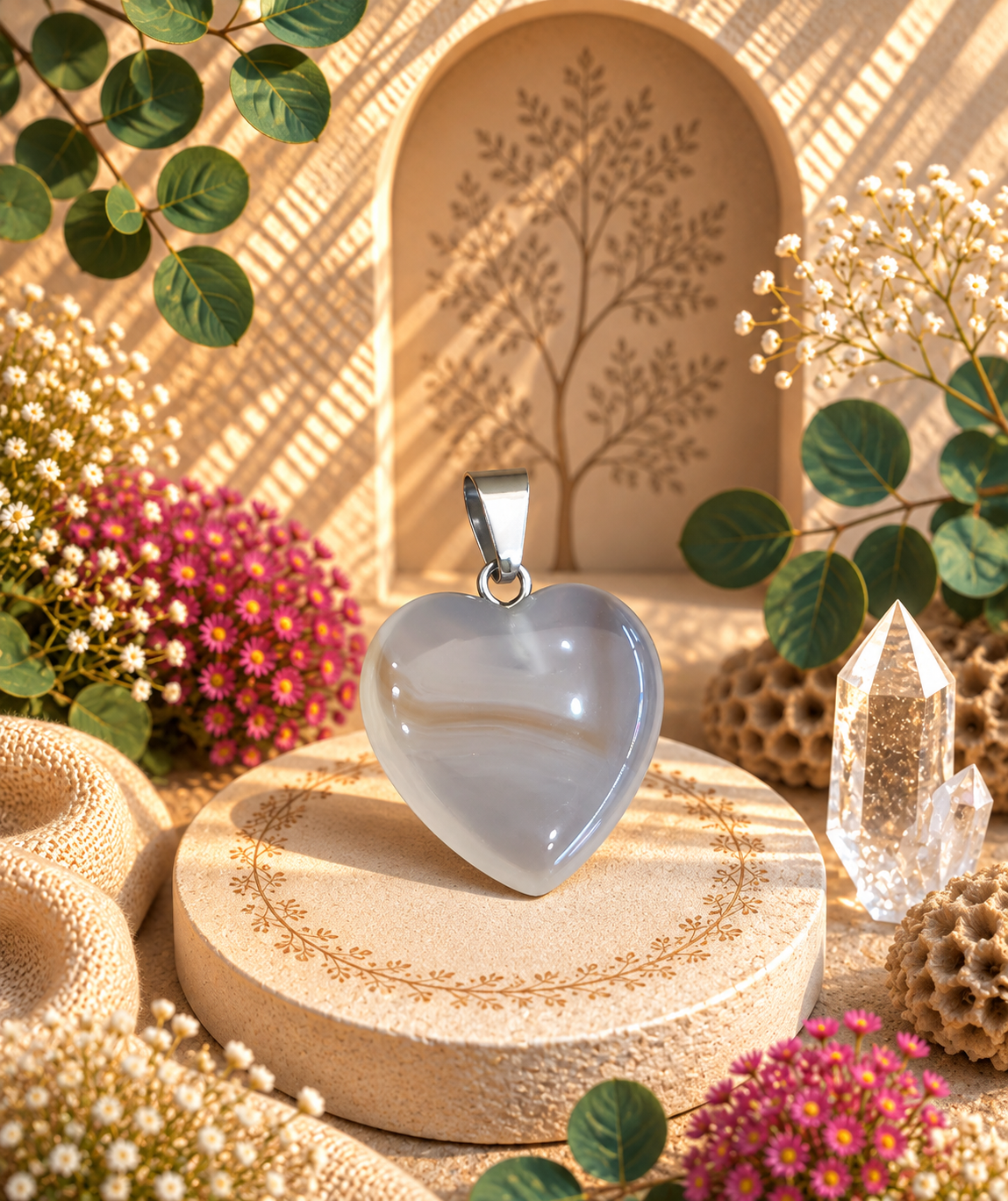 Pendentif Agate Grise - Coeur – Stabilité, sérénité et discernement