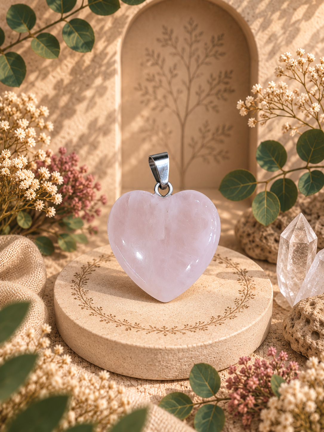 Pendentif Quartz Rose - Coeur – Amour, douceur et harmonie