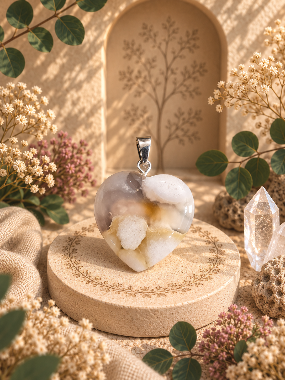 Pendentif agate fleur de cerisier - coeur - Douceur et Renouveau