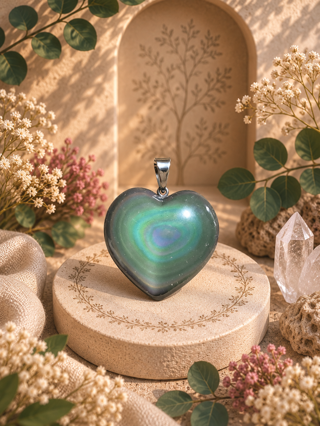Pendentif Obsidienne oeil céleste - coeur - Protection et Force