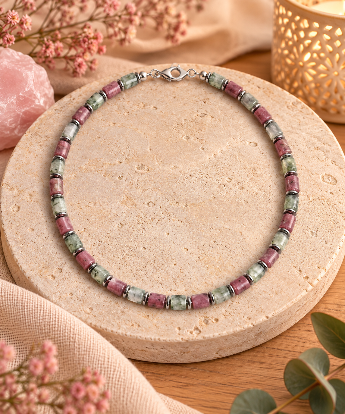 Collier Jade Néphrite et Tourmaline Rose – Hématite | L’Équilibre du Cœur