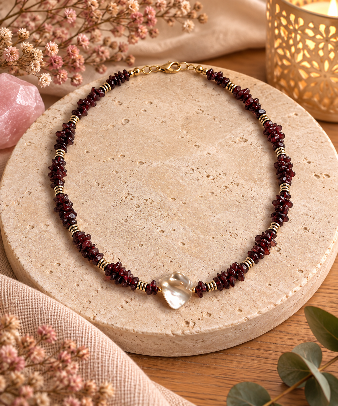 Collier Grenat, Nacre et Pyrite – Pierres Naturelles | Flamme Douce