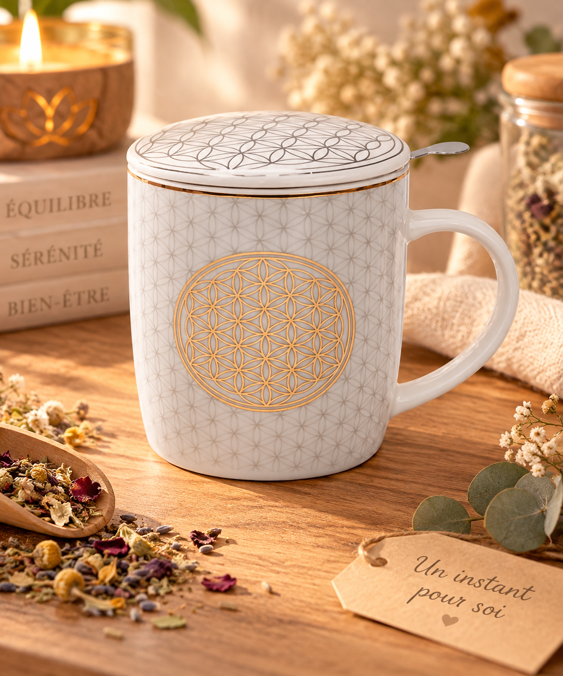 Tasse Fleur de Vie en Porcelaine - 400 ml-  avec Infuseur et Couvercle