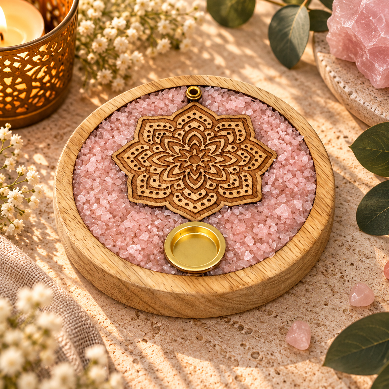 porte-encens-rond-mandala-et-quartz-rose-en-bois-de-manguier
