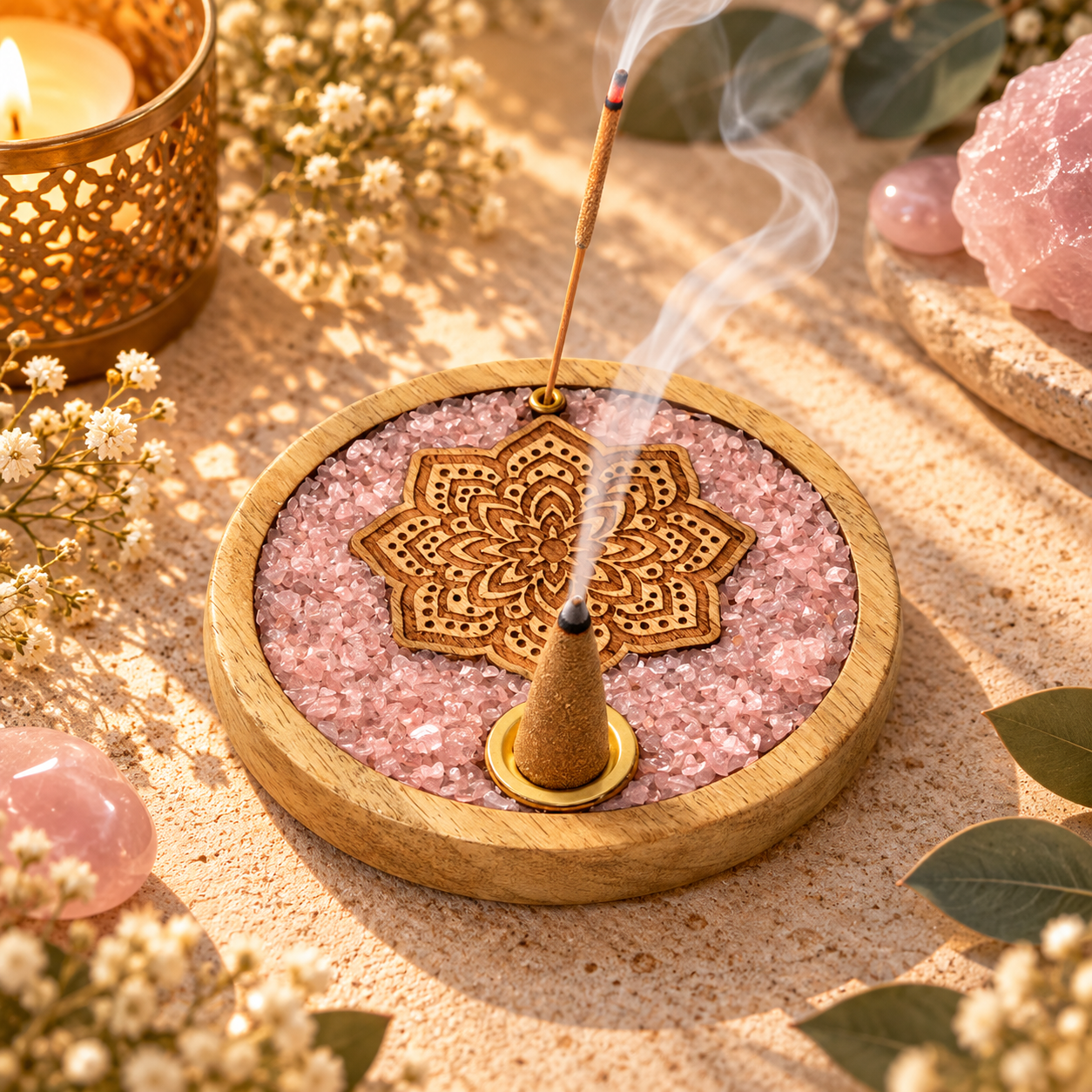 porte-encens-rond-mandala-et-quartz-rose-en-bois-de-manguier-baton