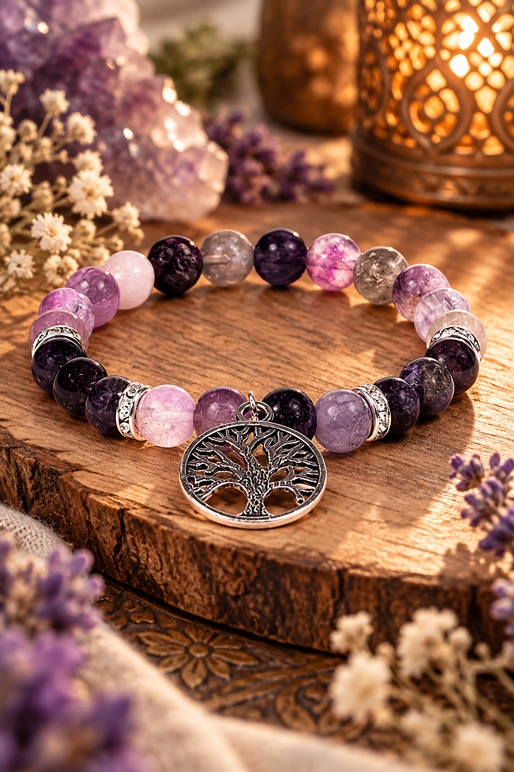 Bracelet Fluorine et Améthyste avec Arbre de Vie – Clarté, Sérénité et Équilibre