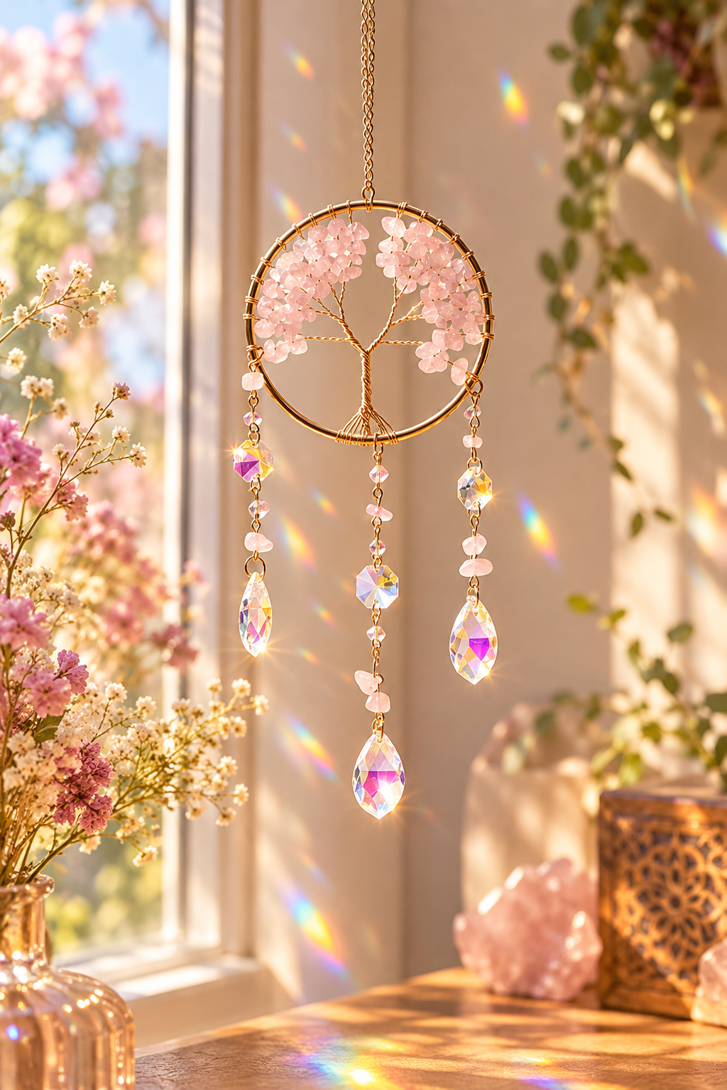 Suncatcher Arbre de Vie et Quartz Rose – Amour et Harmonie