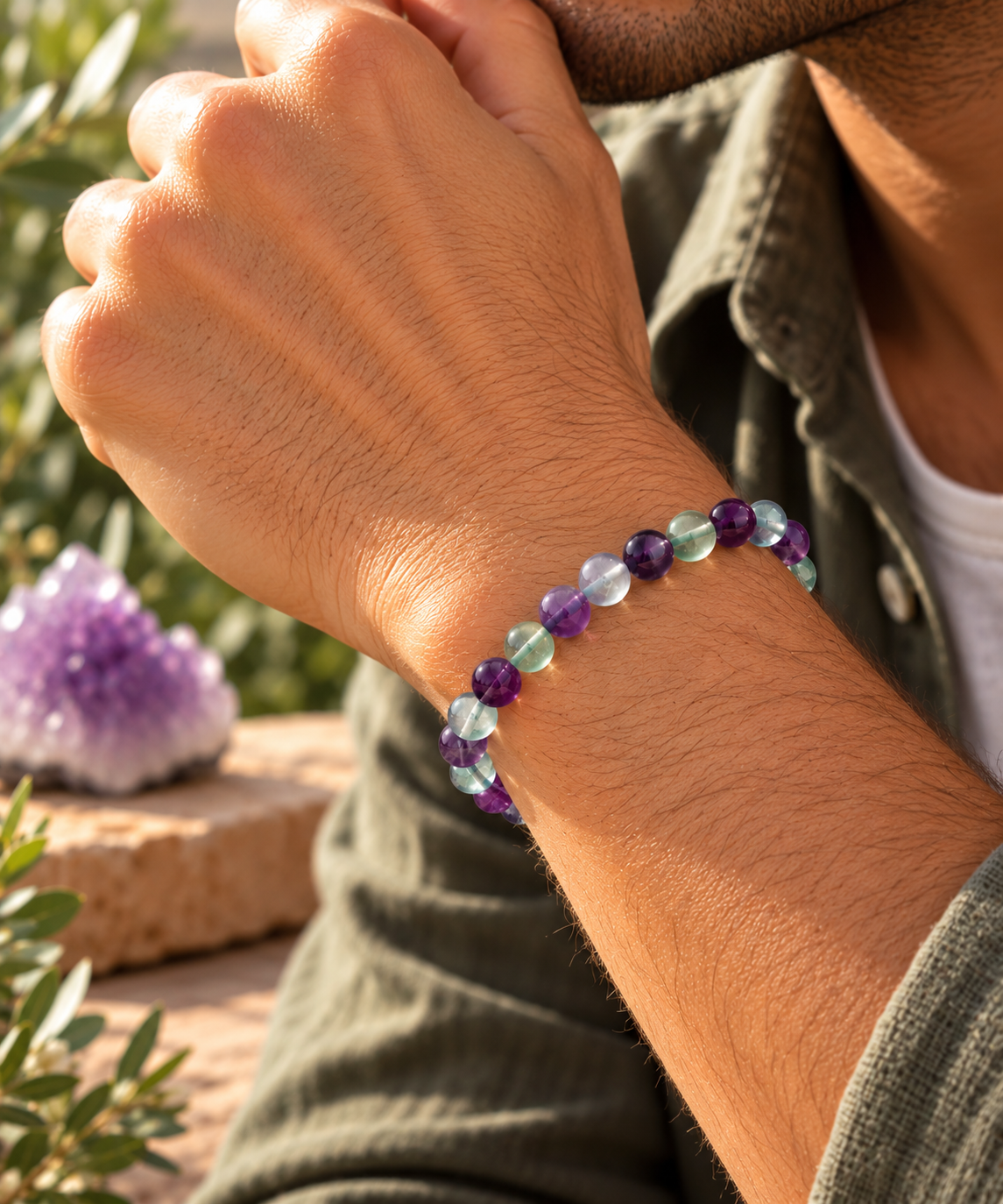Bracelet 8 mm Fluorine Naturelle Concentration, Créativité et Harmonie Émotionnelle-homme