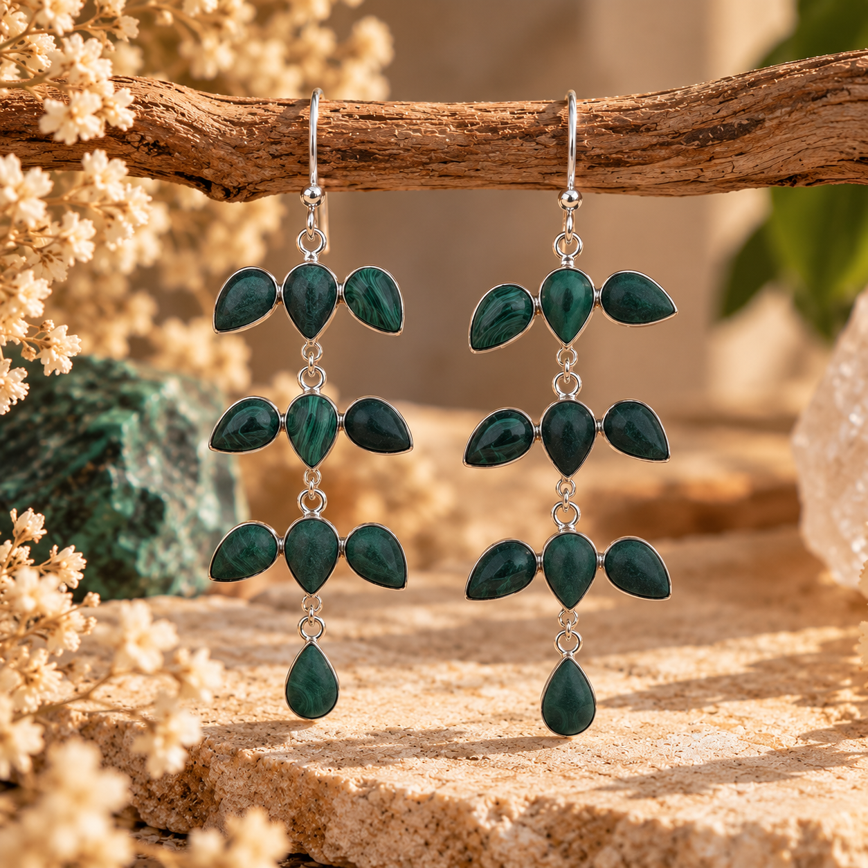 Boucles d Oreilles en Malachite Feuilles - Protection et Harmonie