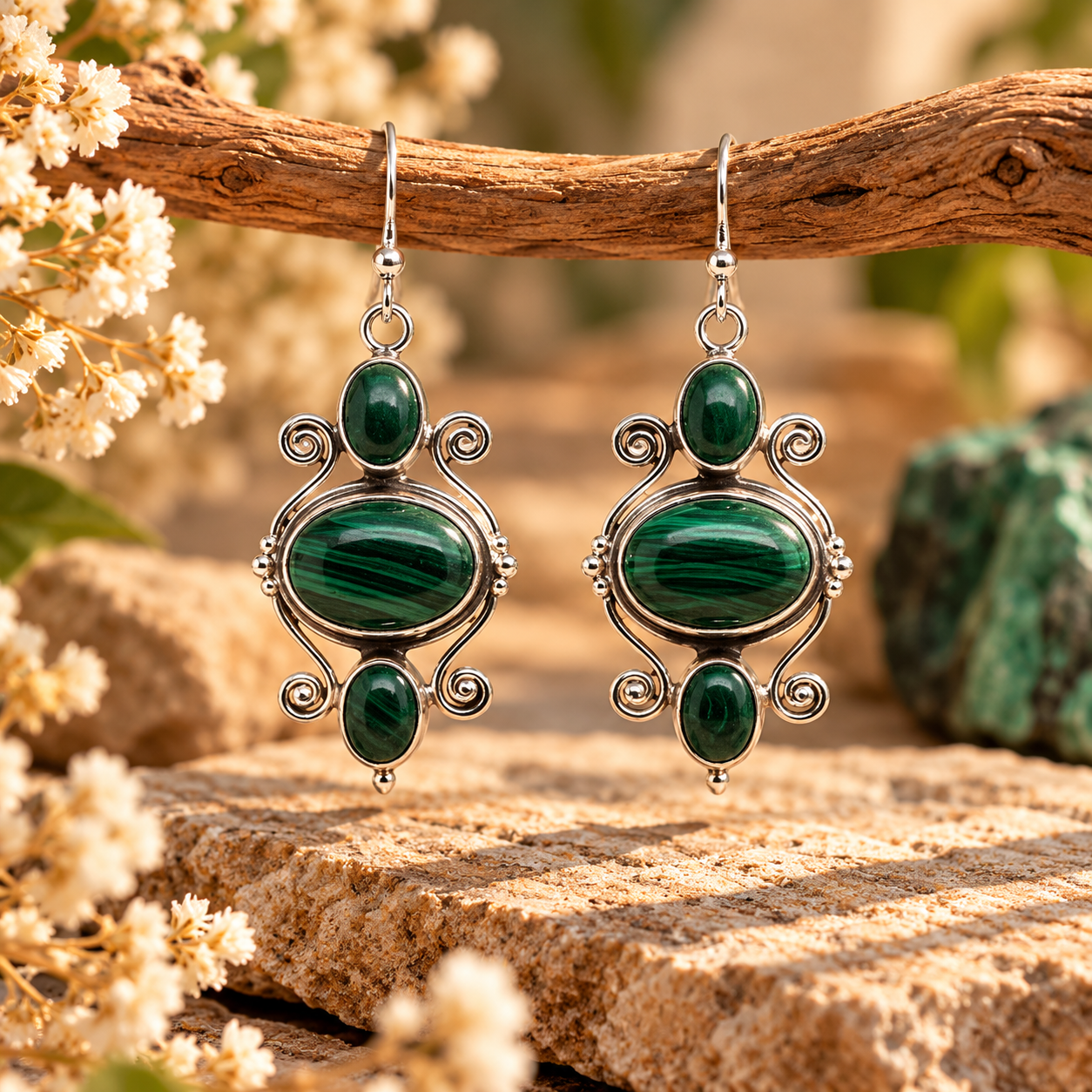 Boucles d Oreilles en Malachite Baroques - Protection et Confiance