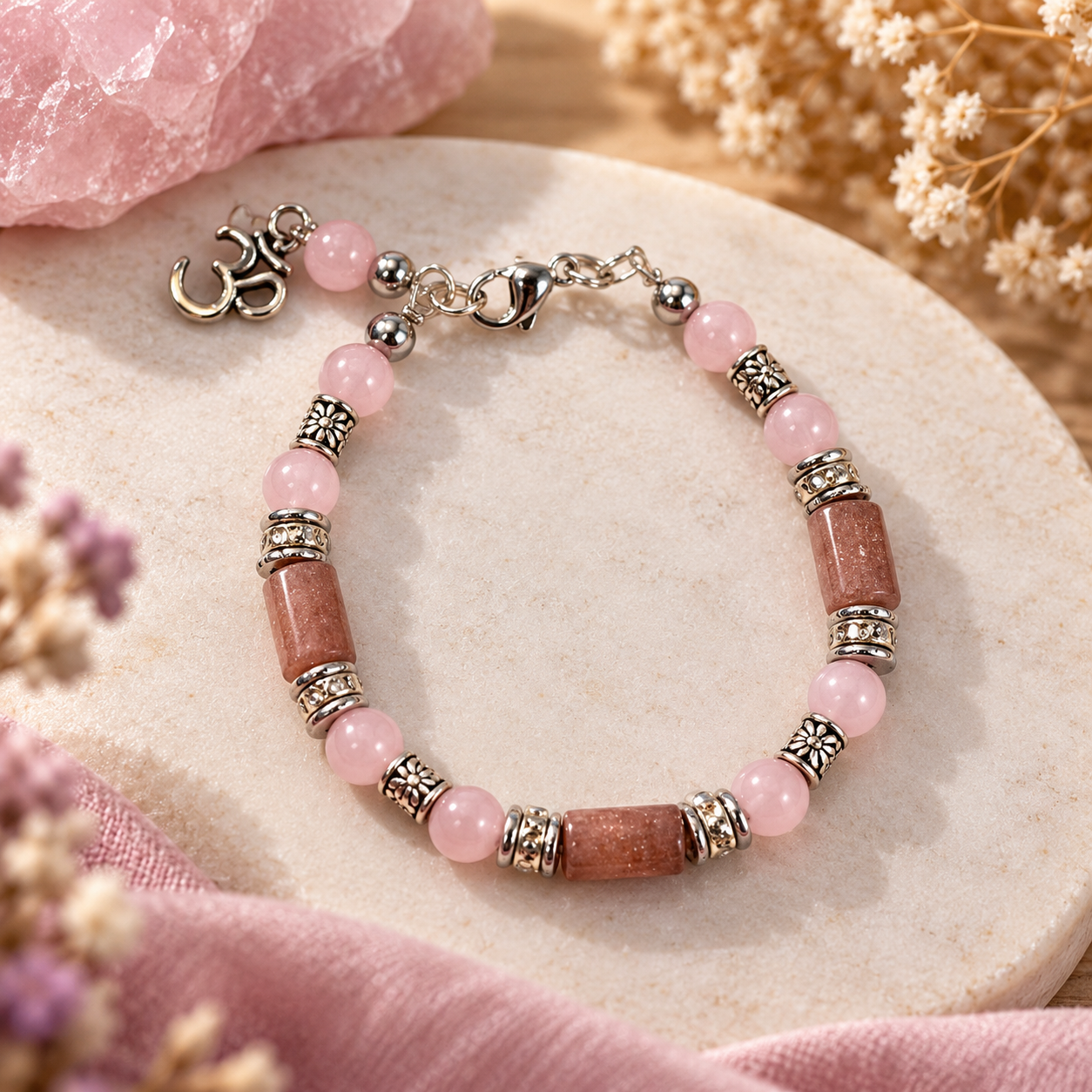 bracelet-quartz-rose-et-quartz-fraise-avec-om-douceur-du-coeur-et-aimer