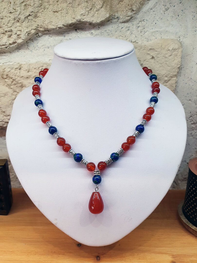 Collier En Pierres Naturelles Lapis Lazuli Et Cornaline - Bleu Et Orange, Neuf Avec étiquettes