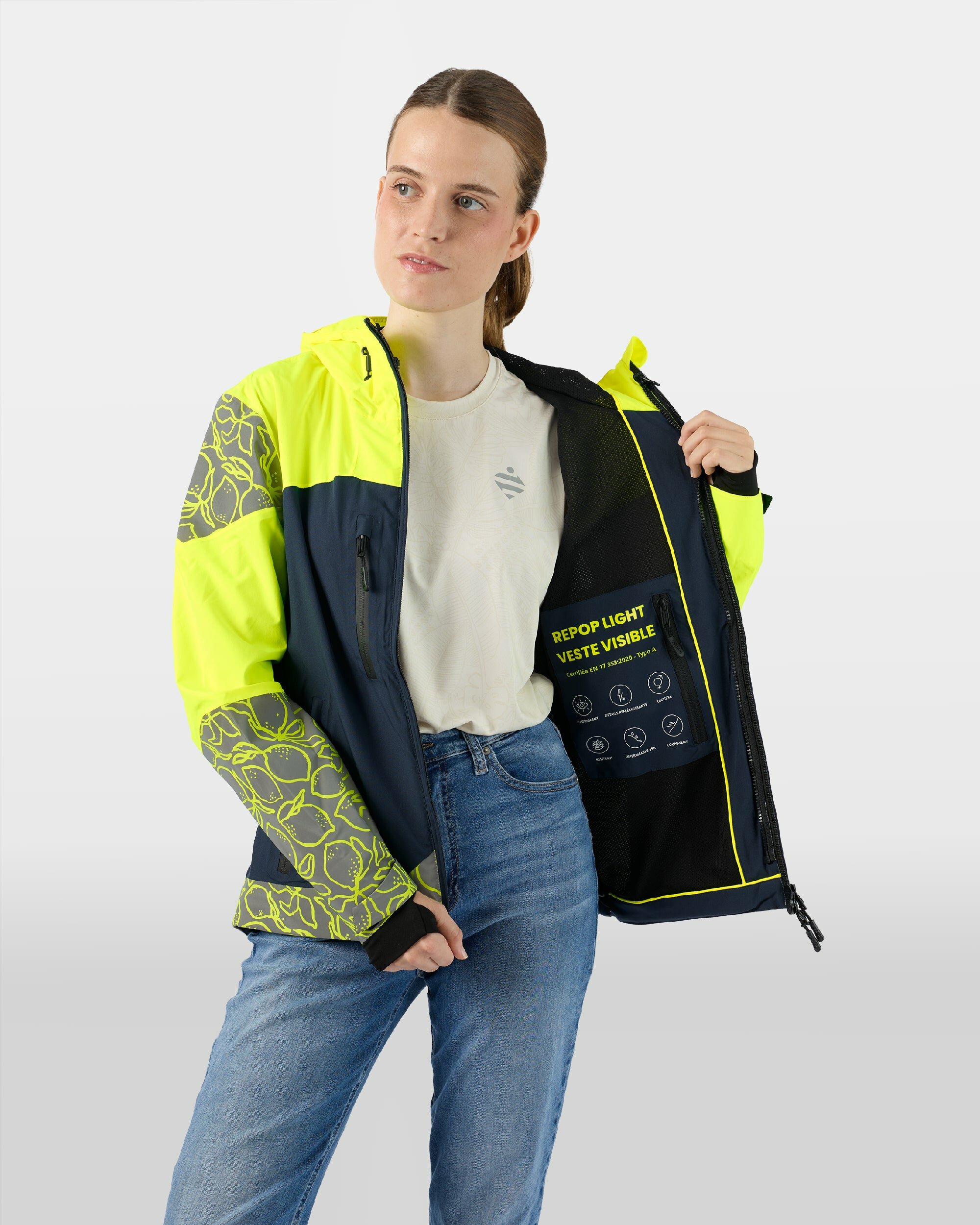 repop-light-veste-legere-velotaf-jaune-fluo-motifs-citron-impermeable-respirante-femme