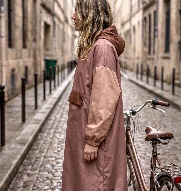 Détail du poncho long Poule Party Brown Blush
