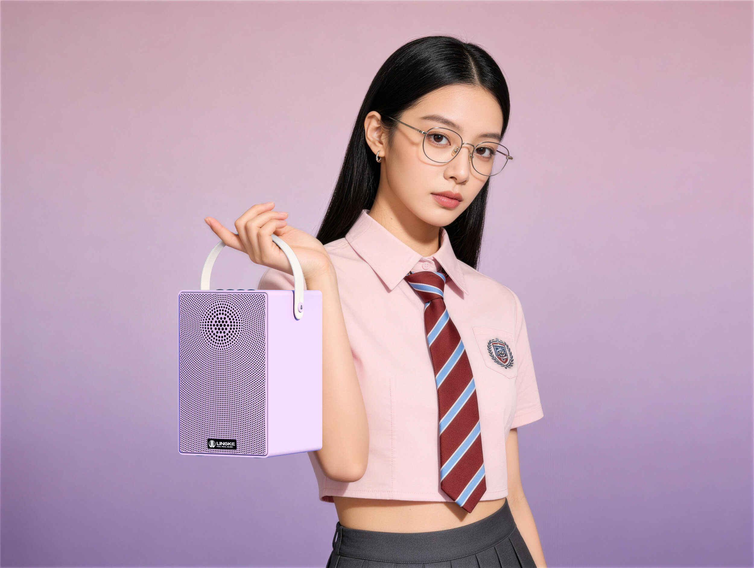 jimeng-2026-04-03-9830-核心主体与构图 主体：一位年轻东亚女性，左手提着便携式音箱，身体微侧， 构图：中_