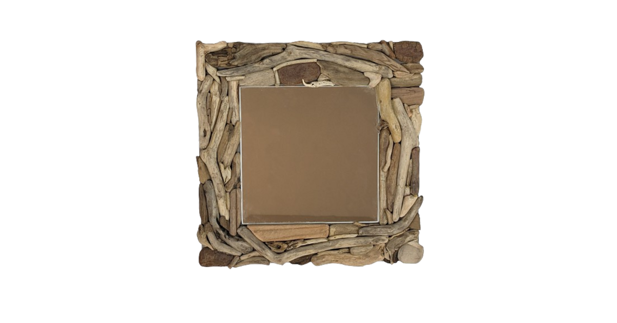 Miroir Mural Patchwork Bois Flotté 60x60 Cm - Cadre Bois Massif Naturel, Pièce Unique - Pour Salon, Entrée, Chambre - 7