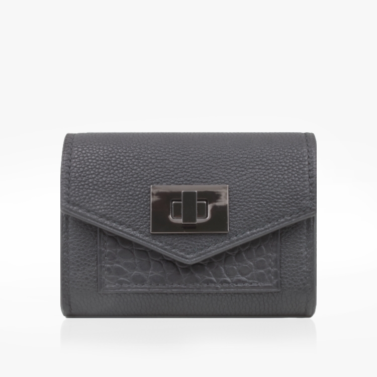 Portefeuille compact cuir noir avec détail crocodile noir