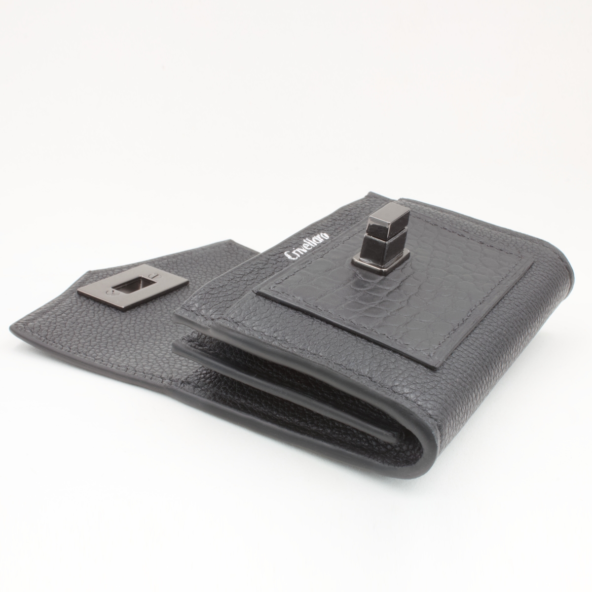 Portefeuille compact cuir noir croco Crivellaro-Paris 3