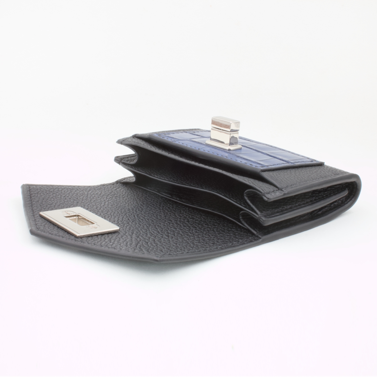 Portefeuille compact cuir noir croco Bleu Crivellaro-Paris 3