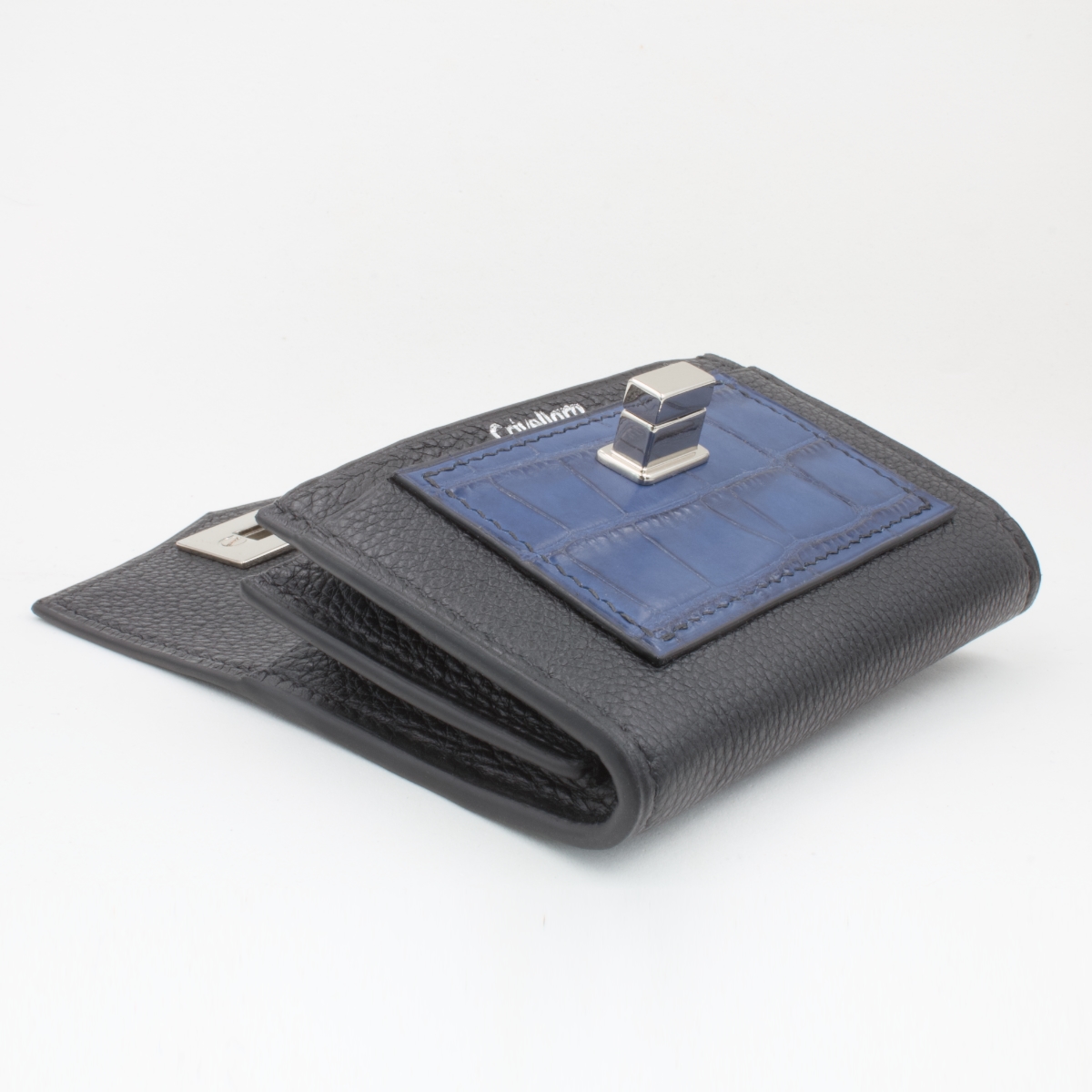 Portefeuille compact cuir noir croco Bleu Crivellaro-Paris 4