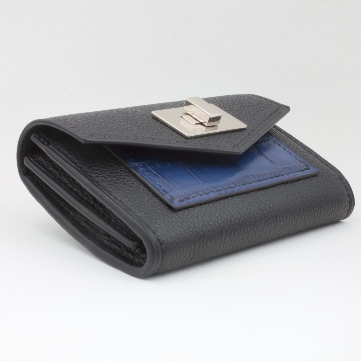 Portefeuille compact cuir noir croco Bleu Crivellaro-Paris 2