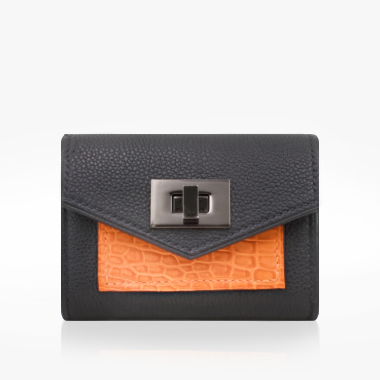 Portefeuille compact cuir noir avec détail crocodile orange