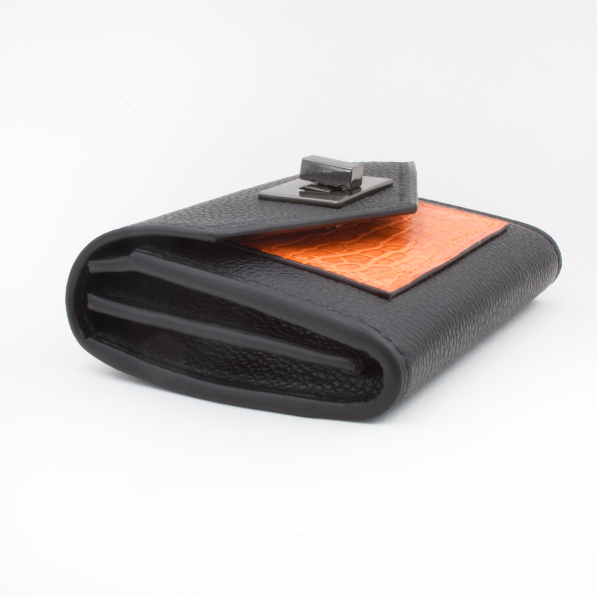 Portefeuille compact cuir noir croco orange Crivellaro-Paris 4