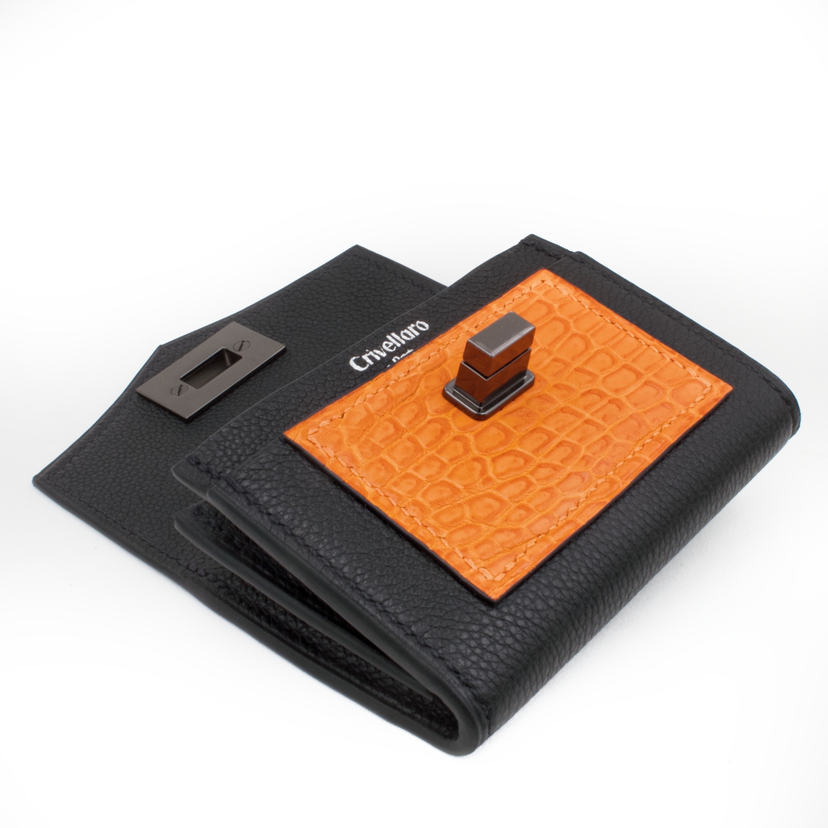 Portefeuille compact cuir noir croco orange Crivellaro-Paris 3