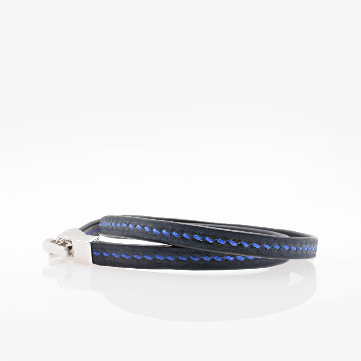 Crivellaro bracelet fin cuir couture sellier 2 tours bleu V1