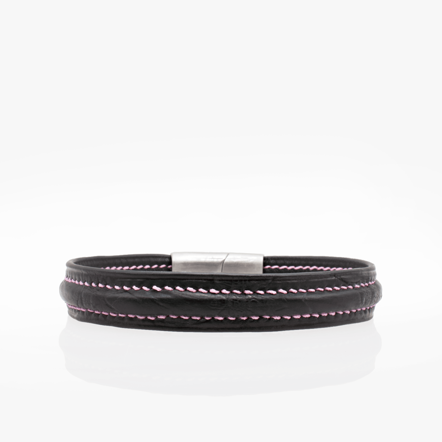 Bracelet cuir crocodile noir couture sellier rose