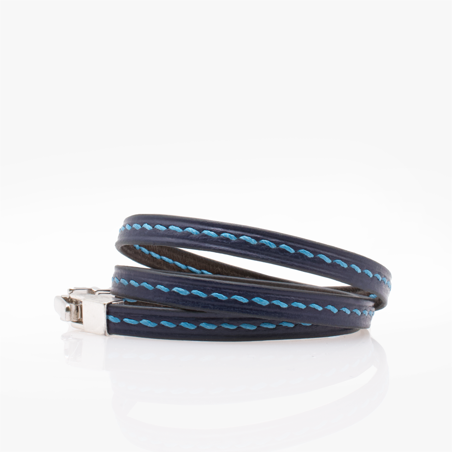 Crivellaro bracelet fin cuir couture sellier 3 tours Bleu clair V1