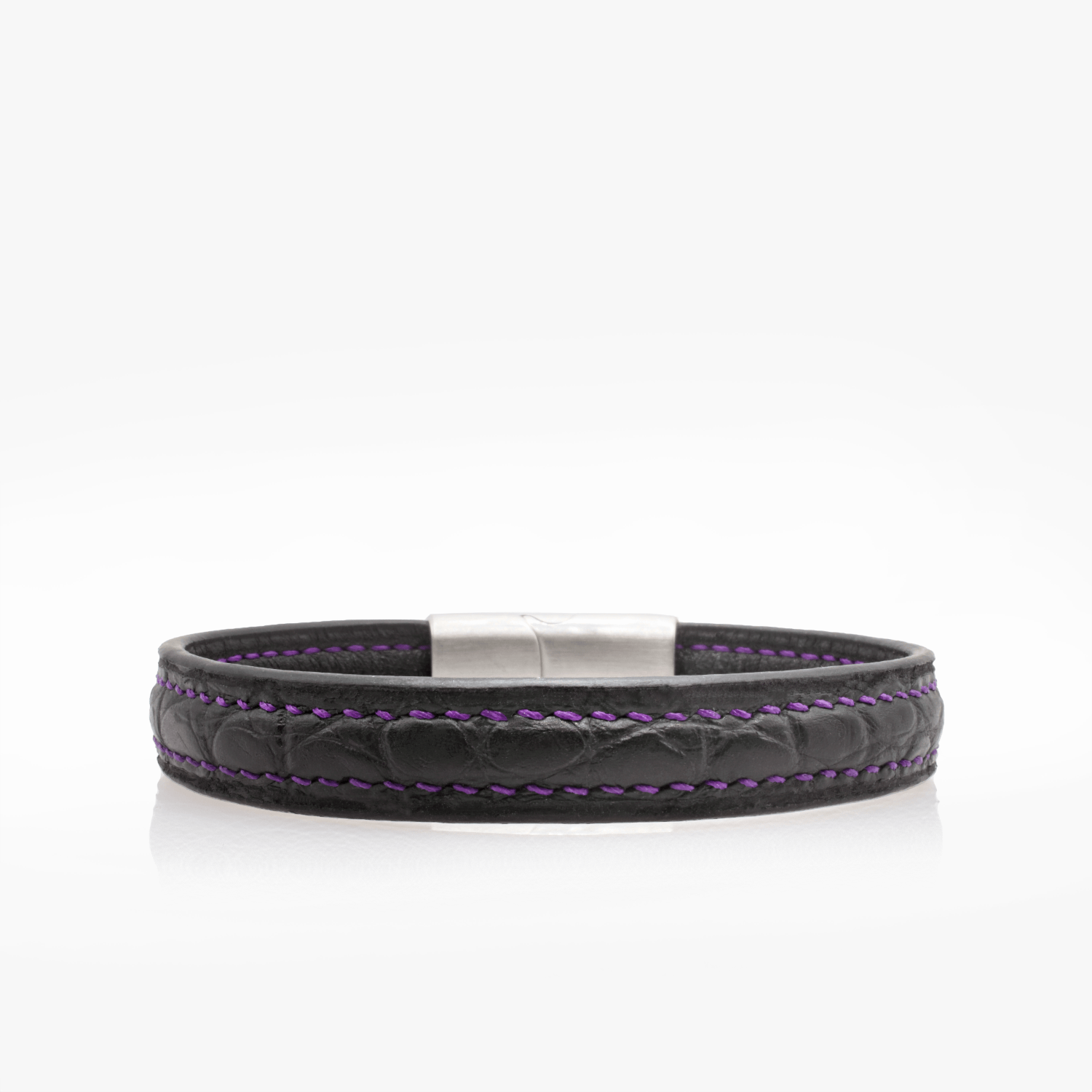 Bracelet cuir crocodile noir couture sellier violette