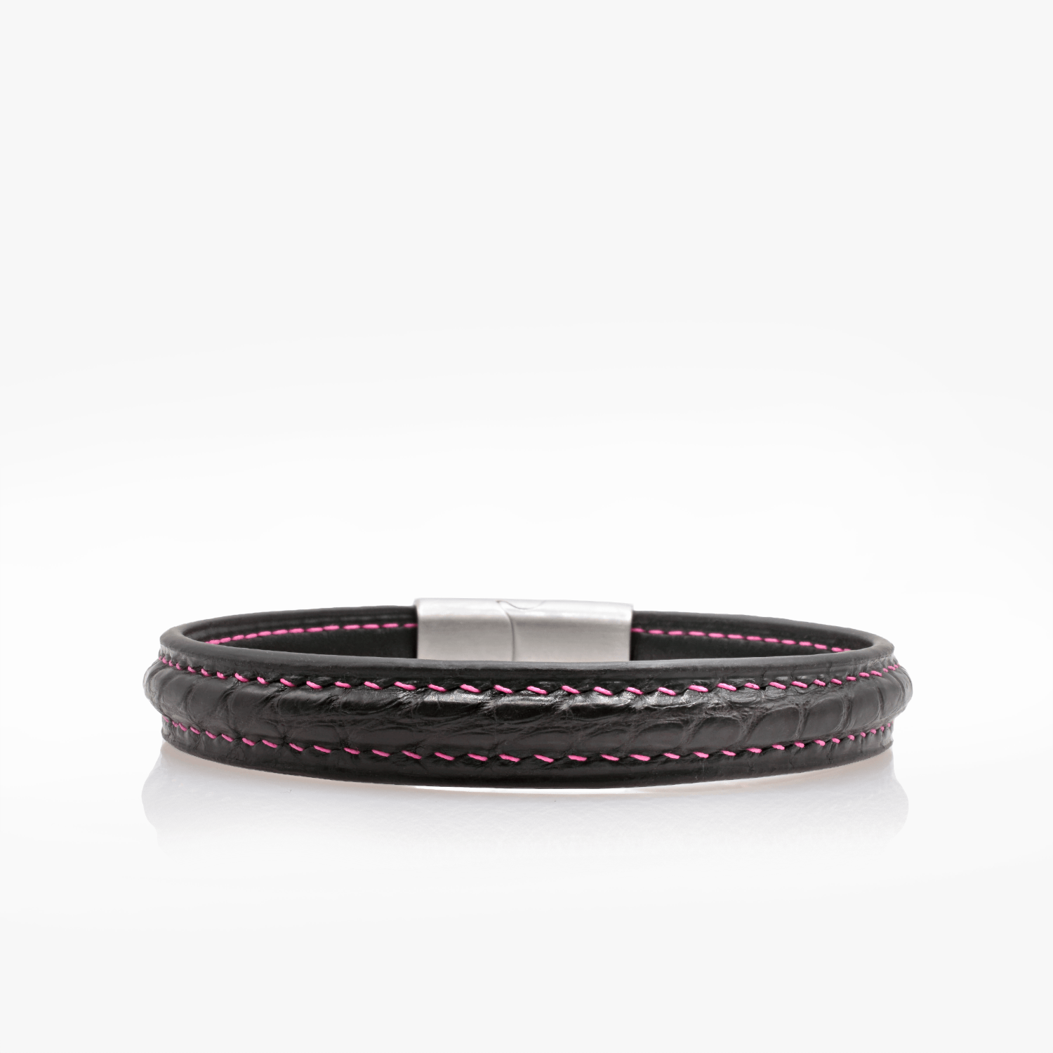 Bracelet cuir crocodile noir couture sellier rose fuchsia
