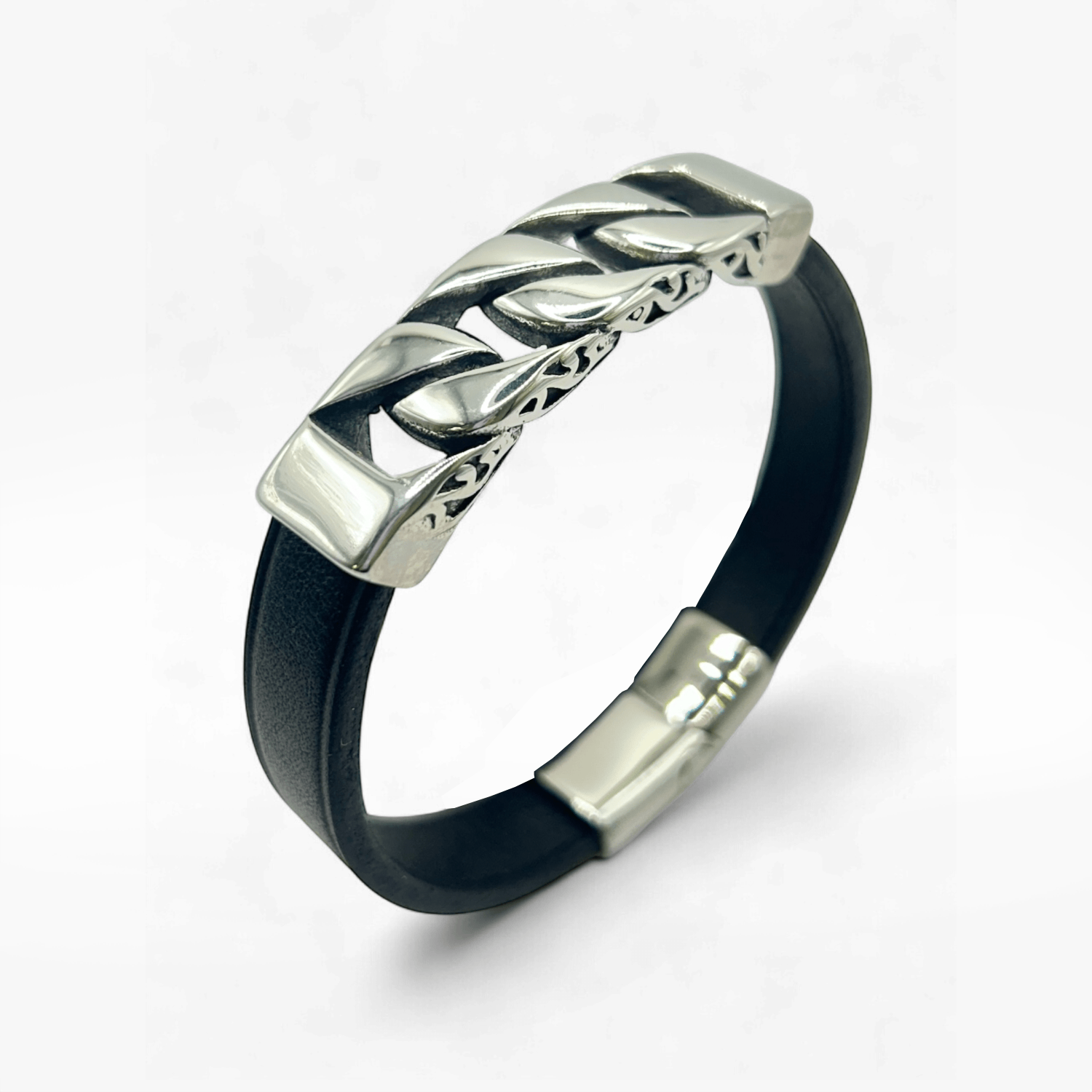 Bracelet cuir maille acier argent Crivellaro 4
