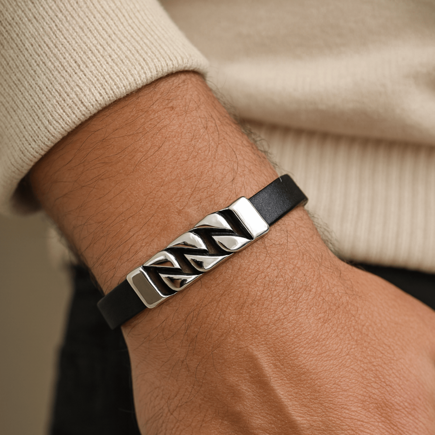 Bracelet cuir maille acier argent Crivellaro 2