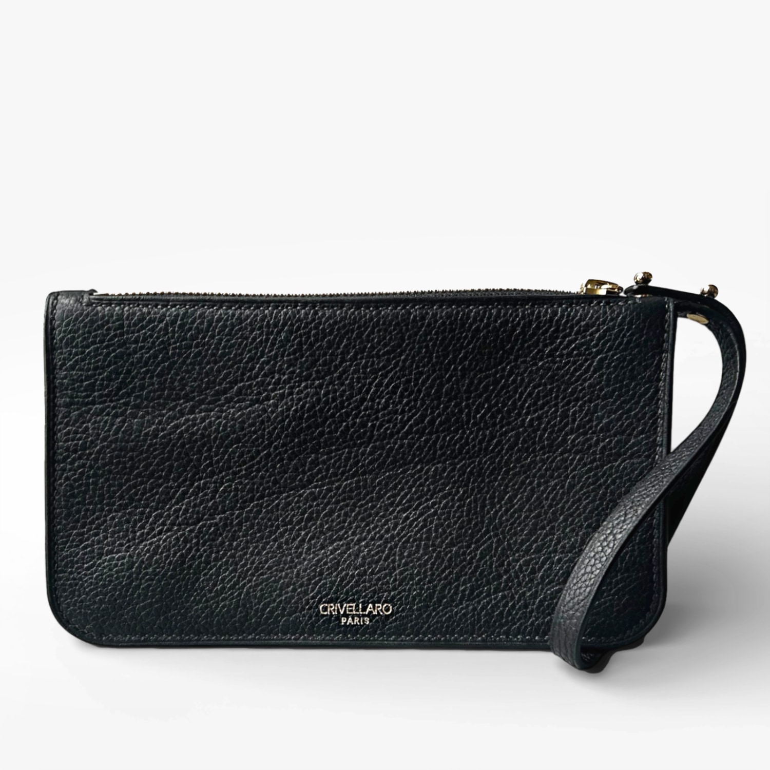 Pochette zippée en cuir grainé noir avec dragonne