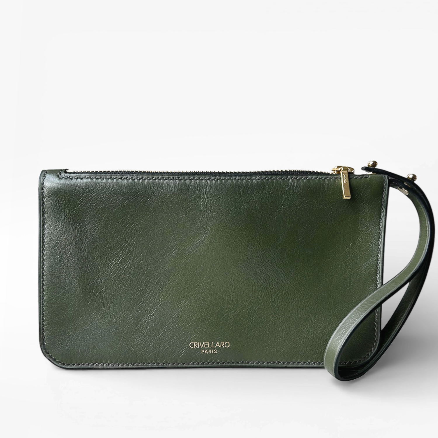 Pochette en cuir vert kaki avec dragonne