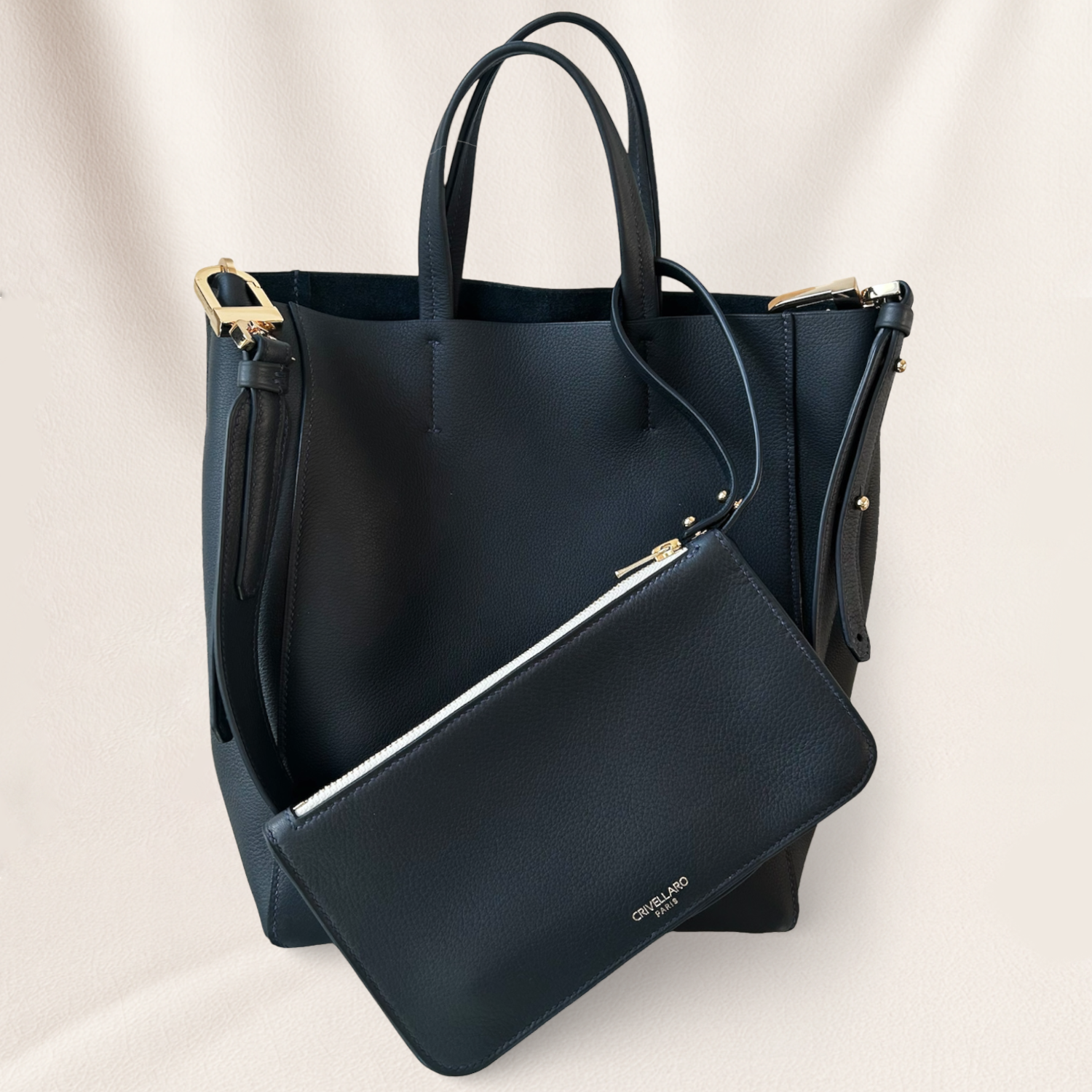 Crivellaro Pochette Sac Cuir Grainé Bleu marine attaché