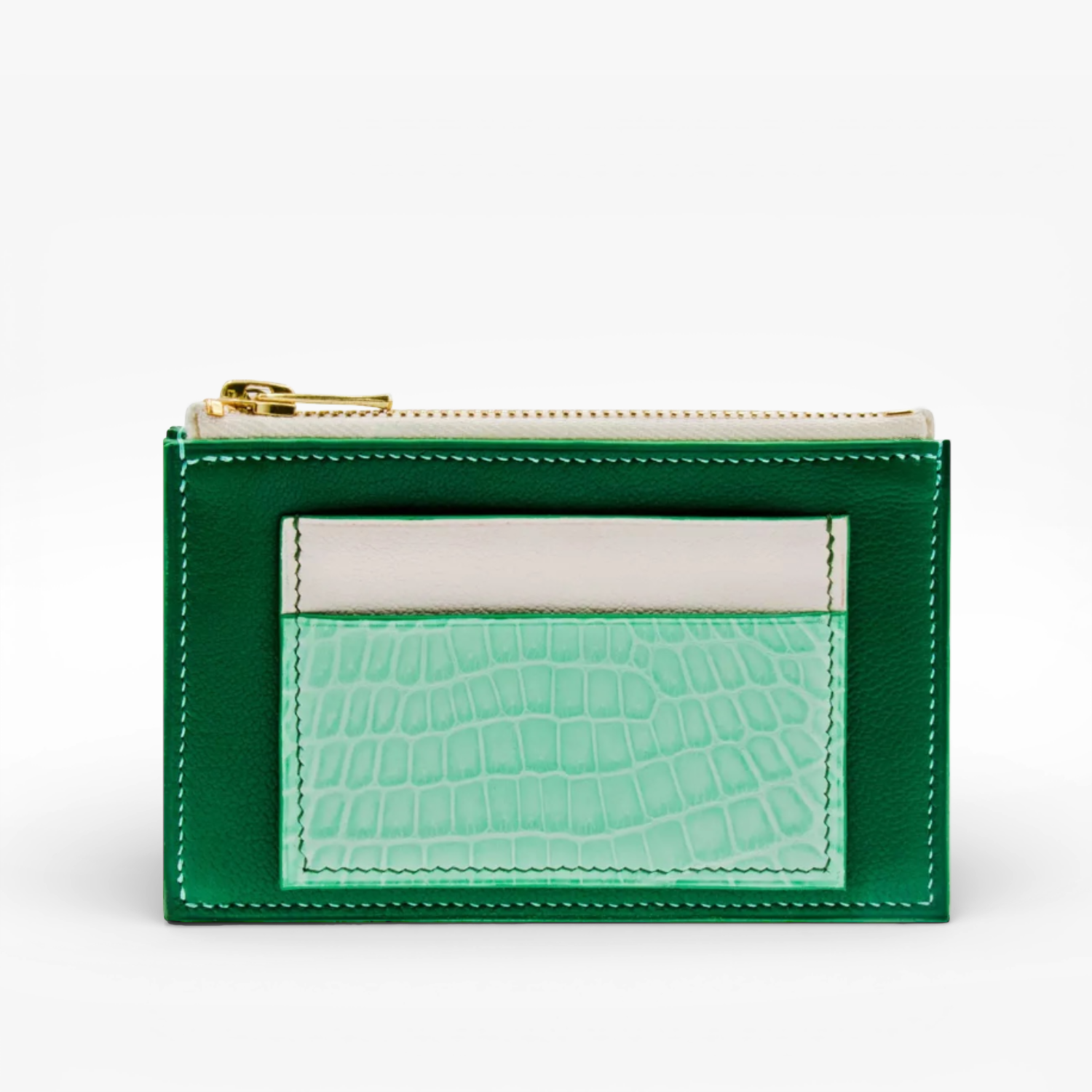 Porte-monnaie et cartes en cuir vert, empiècement croco turquoise